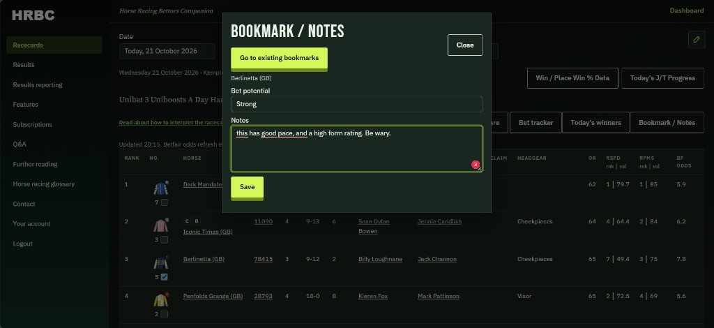 Bookmark / Notes for Berlinetta (GB). Go to existing bookmarks. Bet potential Strong. Notes: this has good pace, and a high form rating. Be wary. Save. On the card behind, Berlinetta is selected.