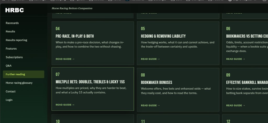 Further reading, more guides. 04 Pre-race, In-play and Both. When to make a pre-race decision, what changes in-play, and how to combine the two without chasing. 05 Hedging and Removing Liability. How hedging works, what it can and cannot achieve, and the trade-off between certainty and upside. 06 Bookmakers vs Betting Exchanges. The title and the note are cut off on the right. 07 Multiple Bets: Doubles, Trebles and Lucky 15s. How multiples are priced, why they are harder to beat, and what a Lucky 15 actually contains. 08 Bookmaker Bonuses. Welcome offers, free bets and enhanced odds: what they really cost, and how to read the terms. 09 Effective Bankroll Management. The title and the note are cut off on the right. Each card has a Read guide link. The tops of guides 10, 11 and 12 are just visible.