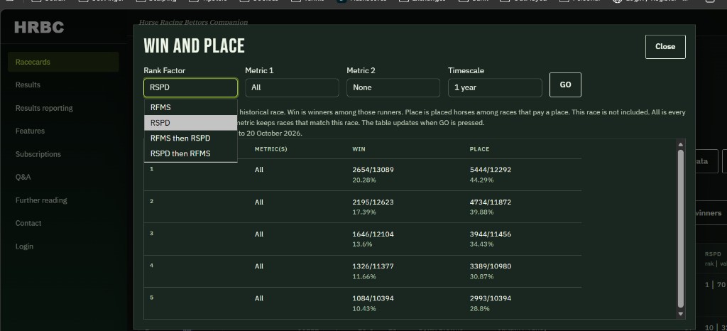 Win and place with Rank factor open. The choices are RFMS, RSPD, RFMS then RSPD, and RSPD then RFMS. RSPD is selected. Metric 1 is All. Metric 2 is None. Timescale is 1 year.