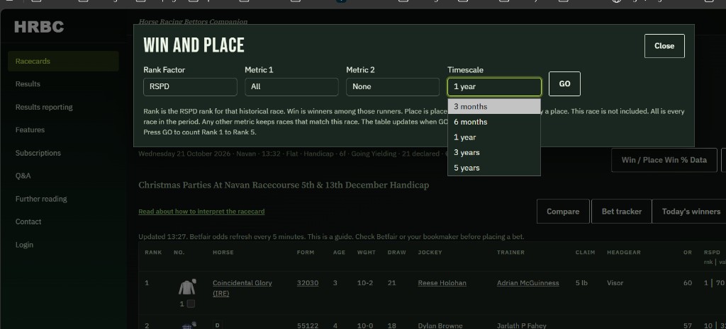 Win and place with Timescale open. Rank factor is RSPD. Metric 1 is All. Metric 2 is None. The choices are 3 months, 6 months, 1 year, 3 years and 5 years. 1 year is selected. The card behind is Navan, 21 October 2026, 13:32, the Christmas Parties At Navan Racecourse handicap.